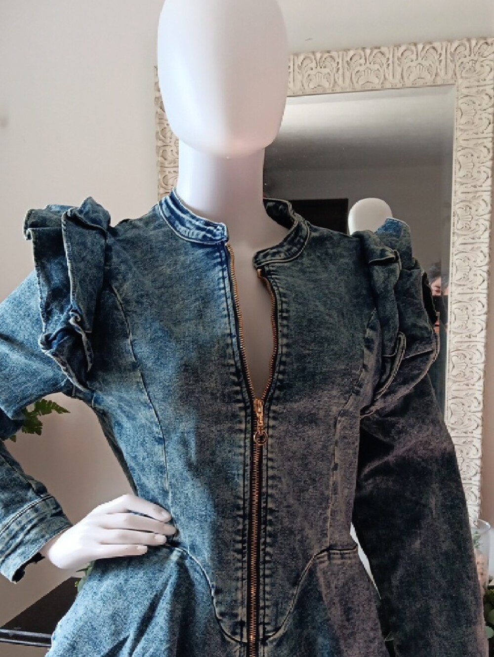 Ruffled Peplum Denim Zip Jacket - Blue - Picture 5 of 9